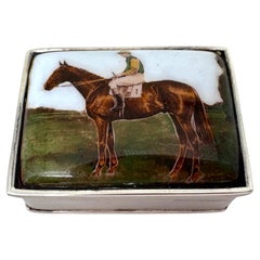 Sterling Silver Pill Box Equestrian Enamel Scene, in the English Style, 20th C.