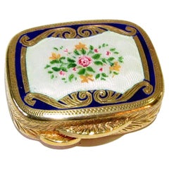 Snuff Box or Pill Box Guilloche Enamel Floral Miniature, White and Blu Salimbeni