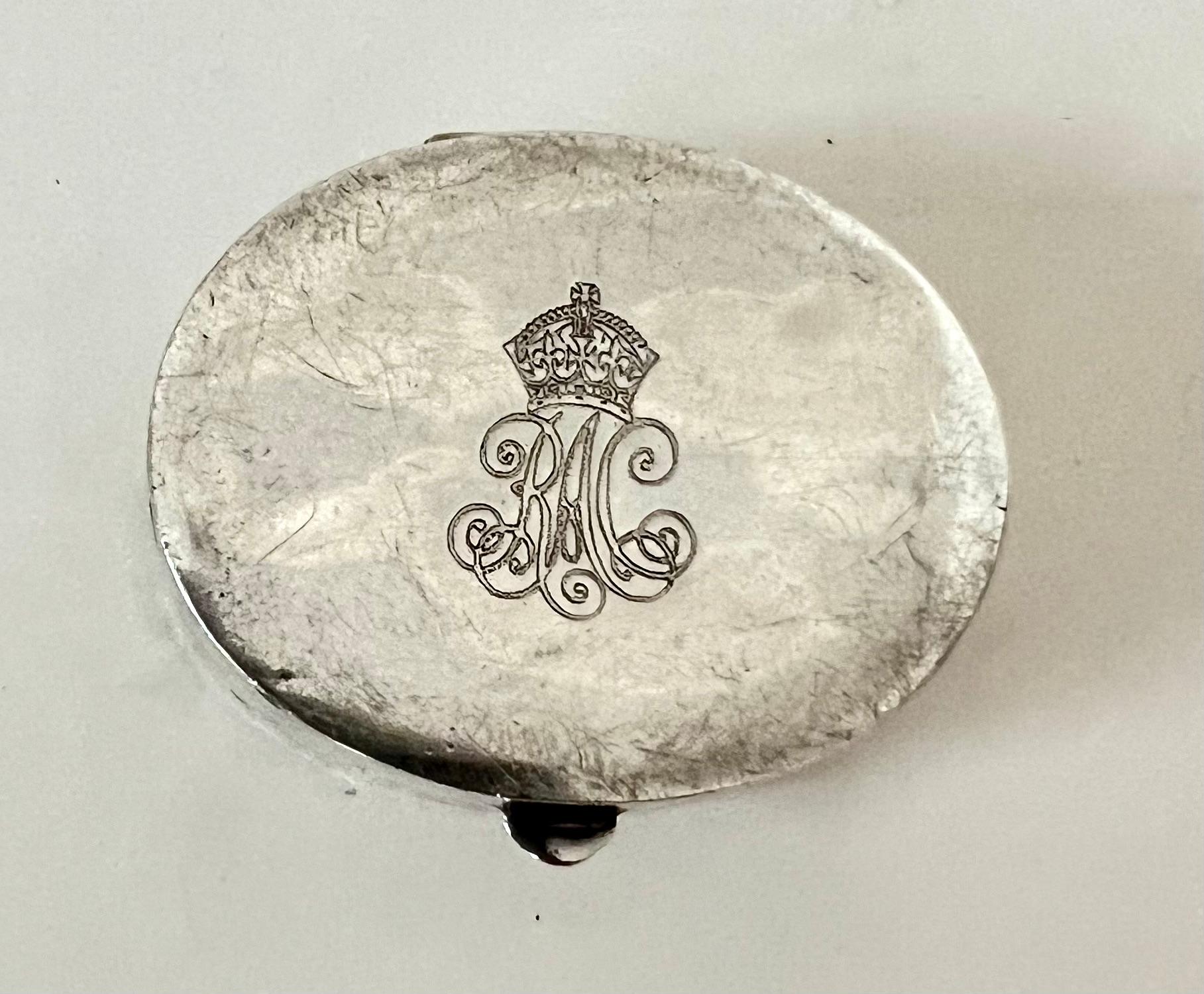 Victorian Sterling Silver Pill Box with Crown Etching For Sale