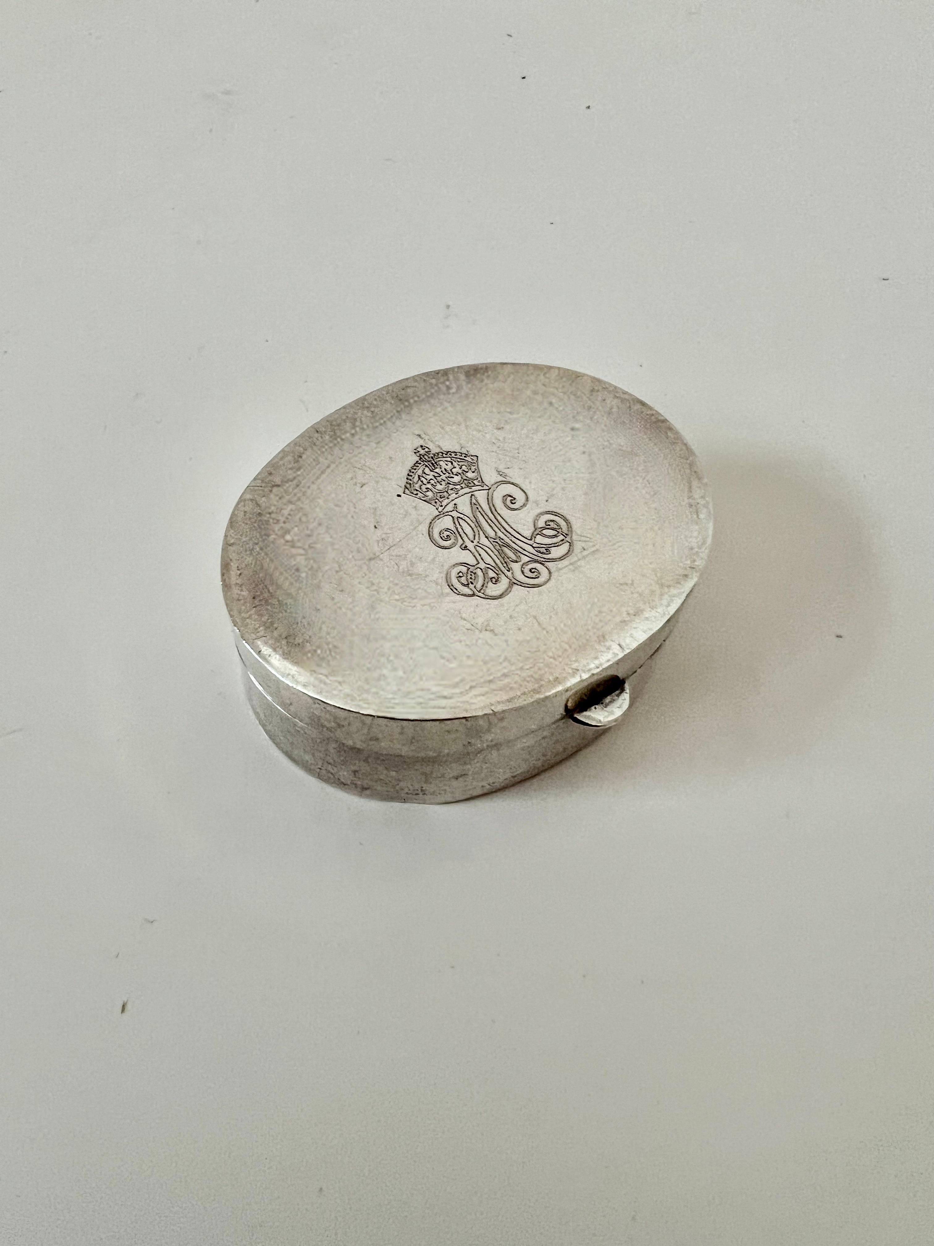 20th Century Sterling Silver Pill Box with Crown Etching For Sale