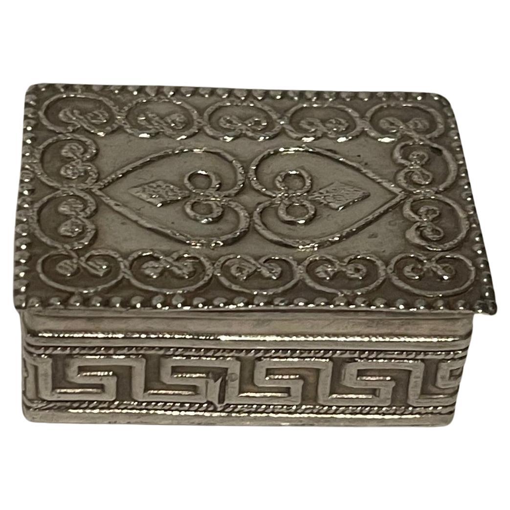Sterling Silver Pill Box with Detailed Motif For Sale