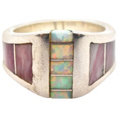 Sterling Silver Pink and White Opal Inlay Band Ring