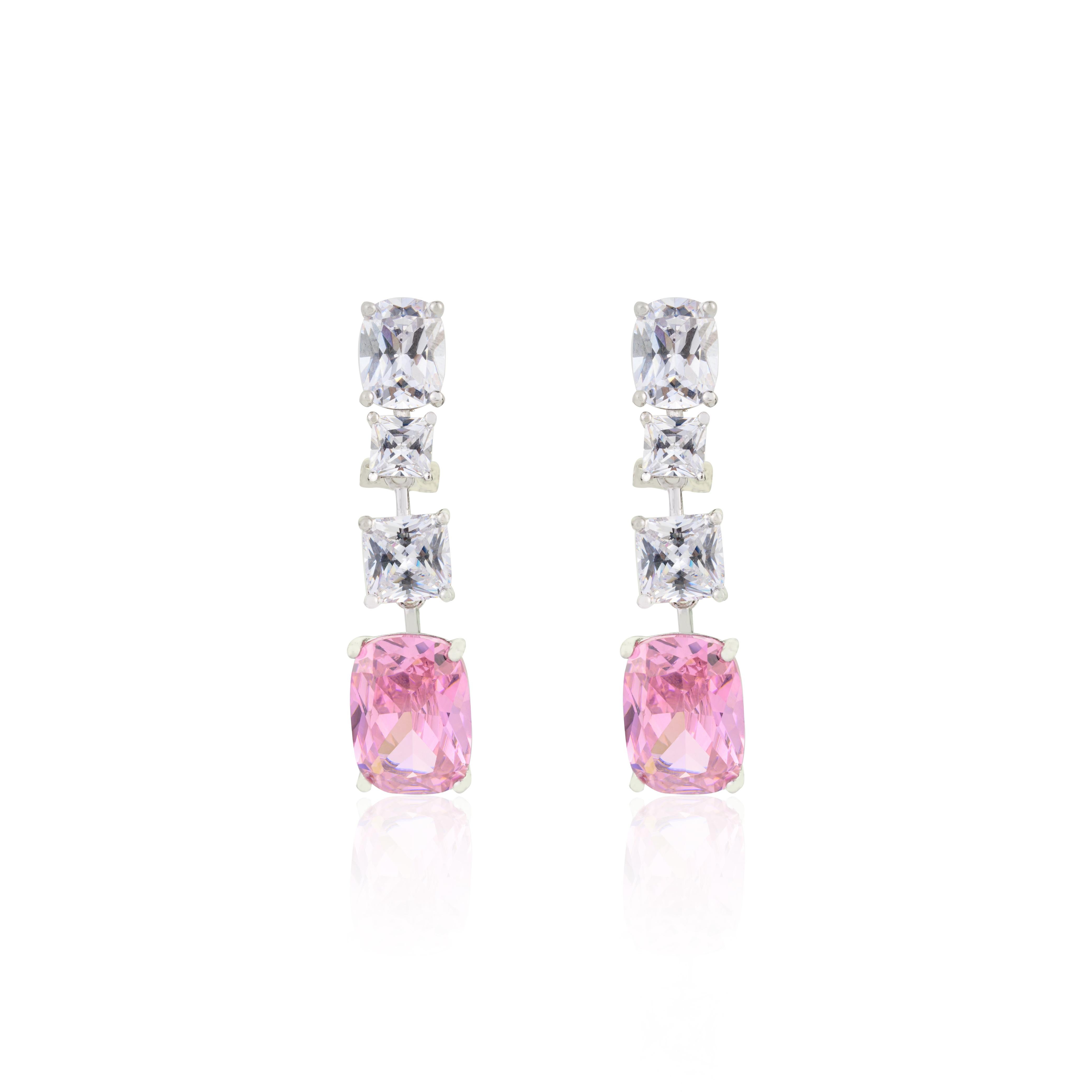 Art Nouveau Sterling Silver Pink and White Zircon Drop Earrings for Mother's Day Gifting For Sale