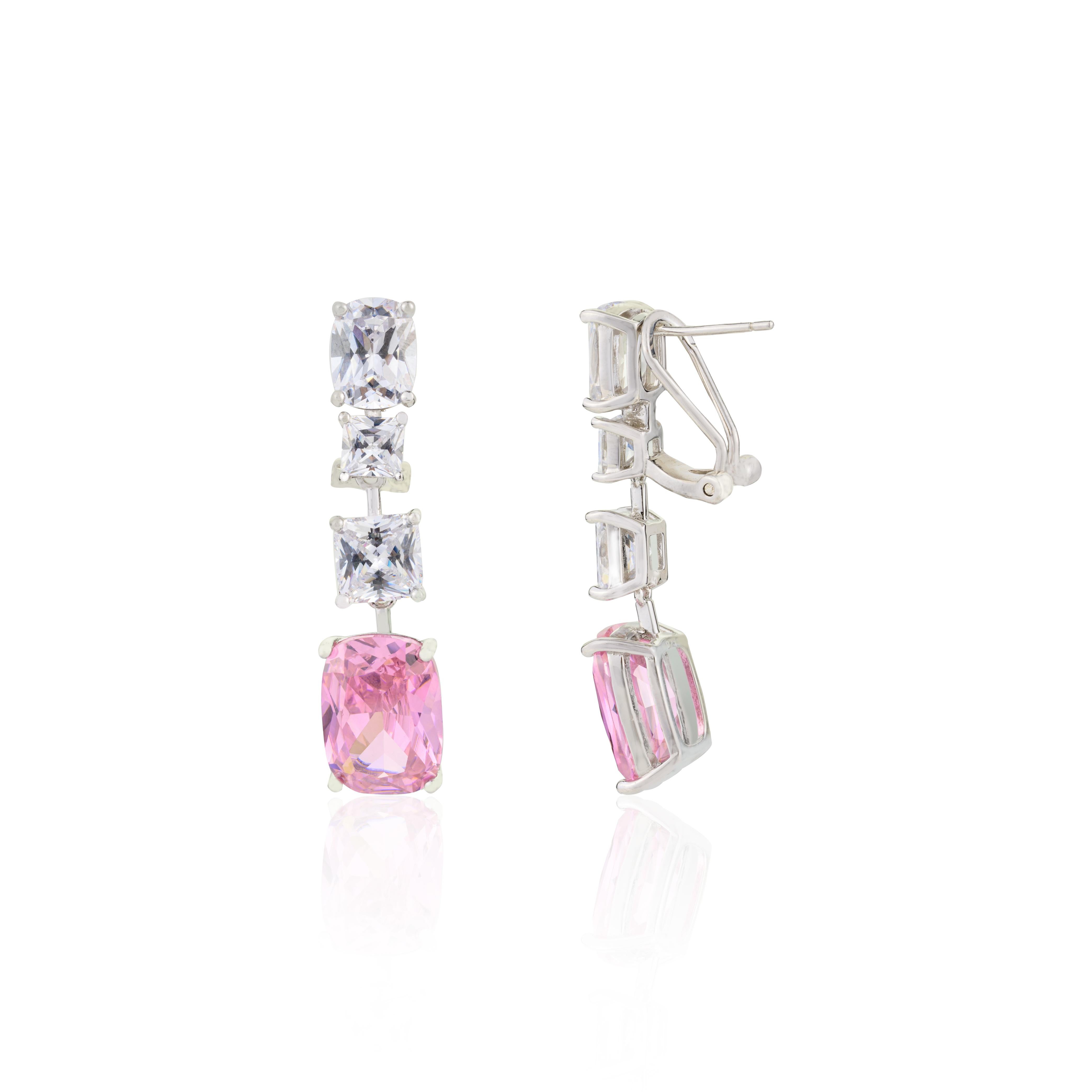 Sterling Silver Pink and White Zircon Drop Earrings for Mother's Day Gifting In New Condition For Sale In New York, NY
