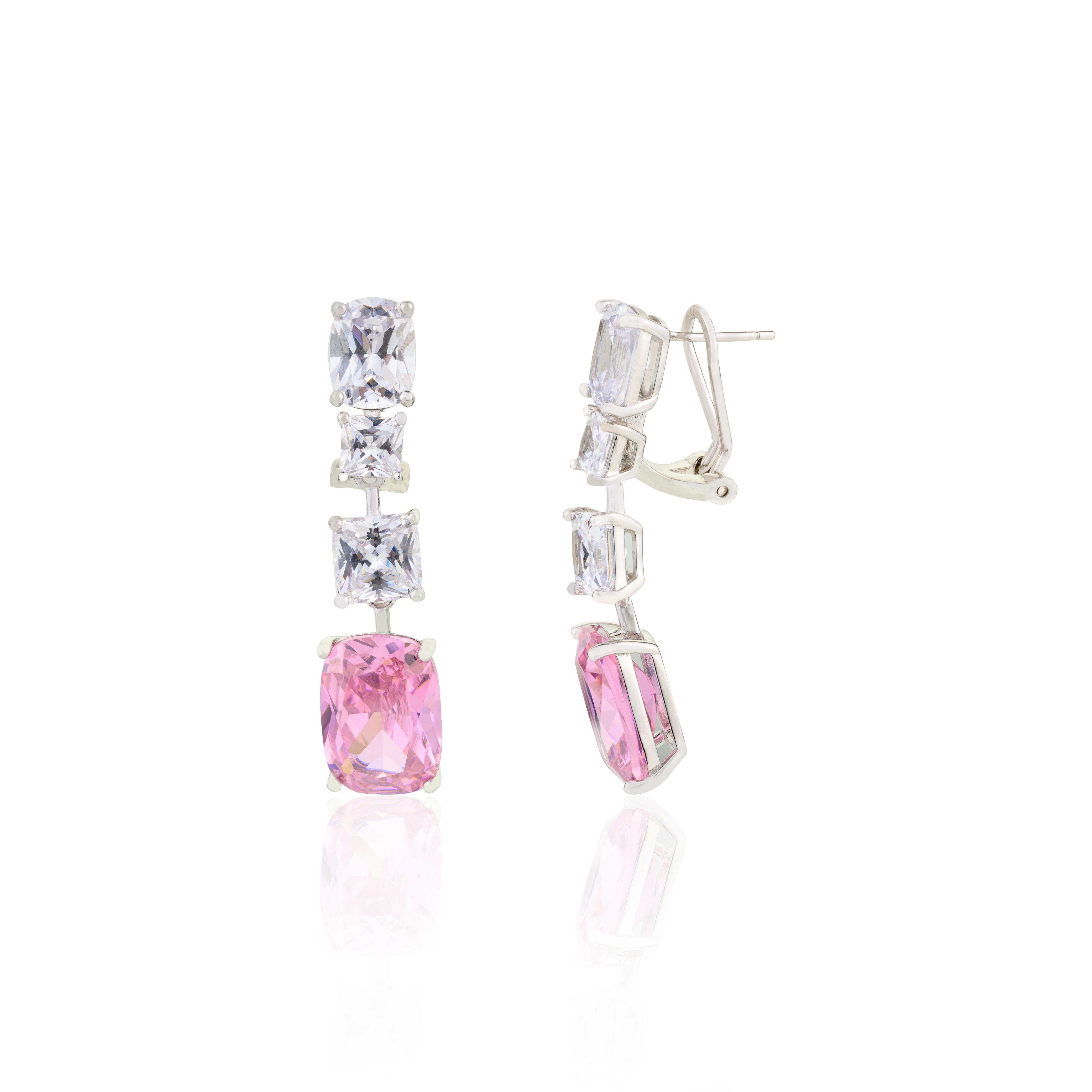 Sterling Silver Pink and White Zircon Drop Earrings for Mother's Day Gifting For Sale 1