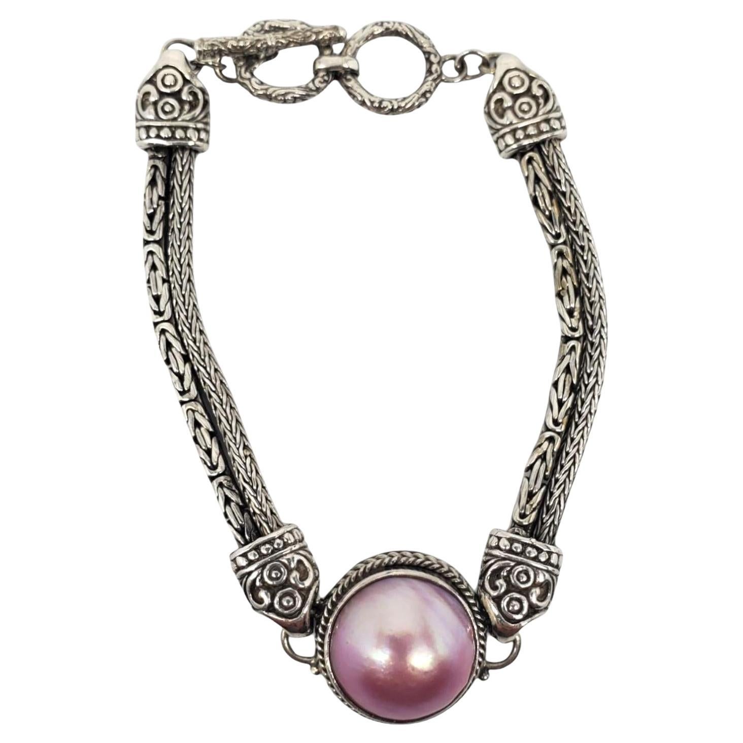 Sterling Silver Pink Mabe Pearl Chain Bracelet #21169