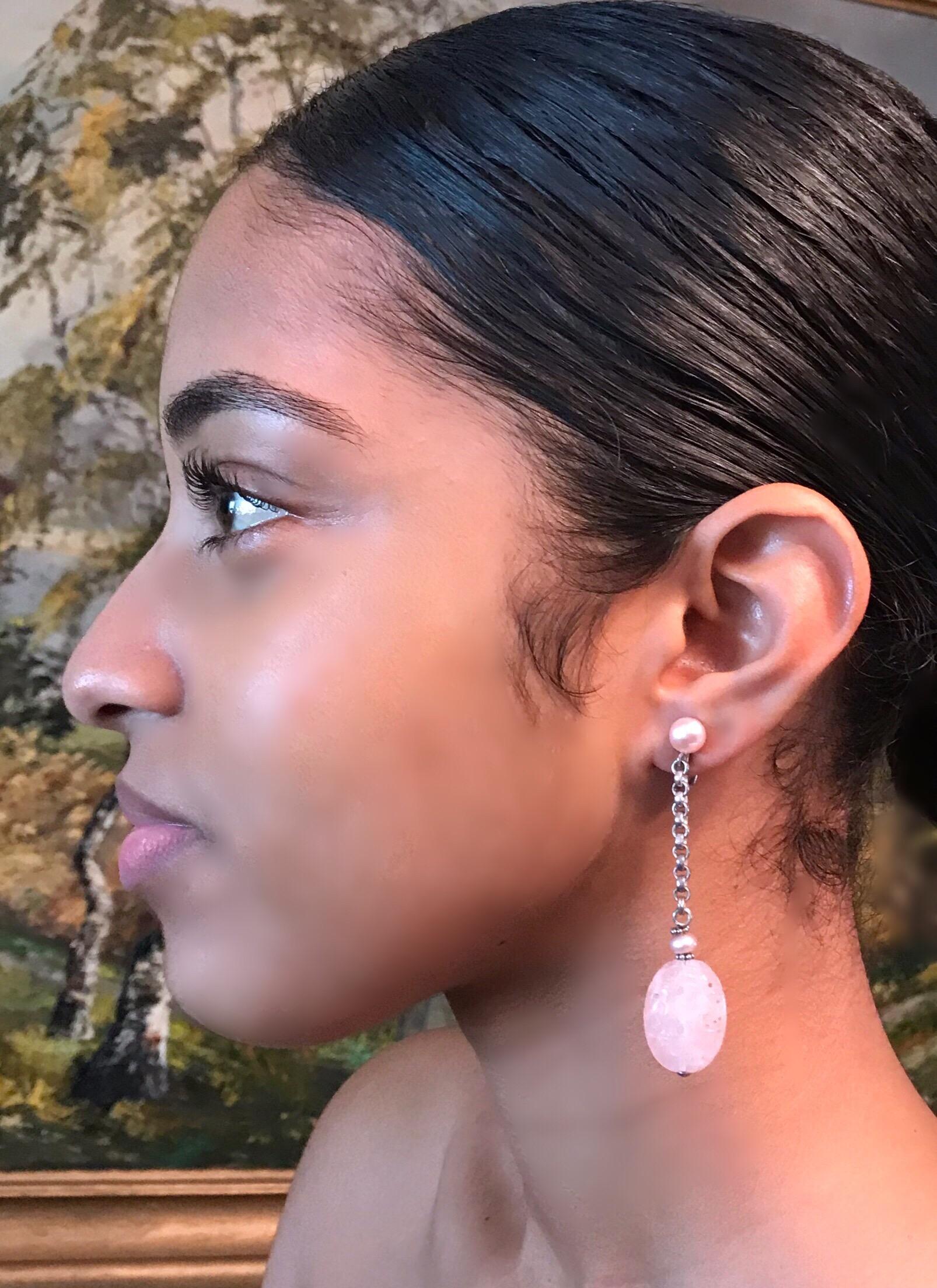 Sterling Silver, Pink Pearl and Rose Quartz Drop Earrings im Zustand „Gut“ im Angebot in Long Beach, CA