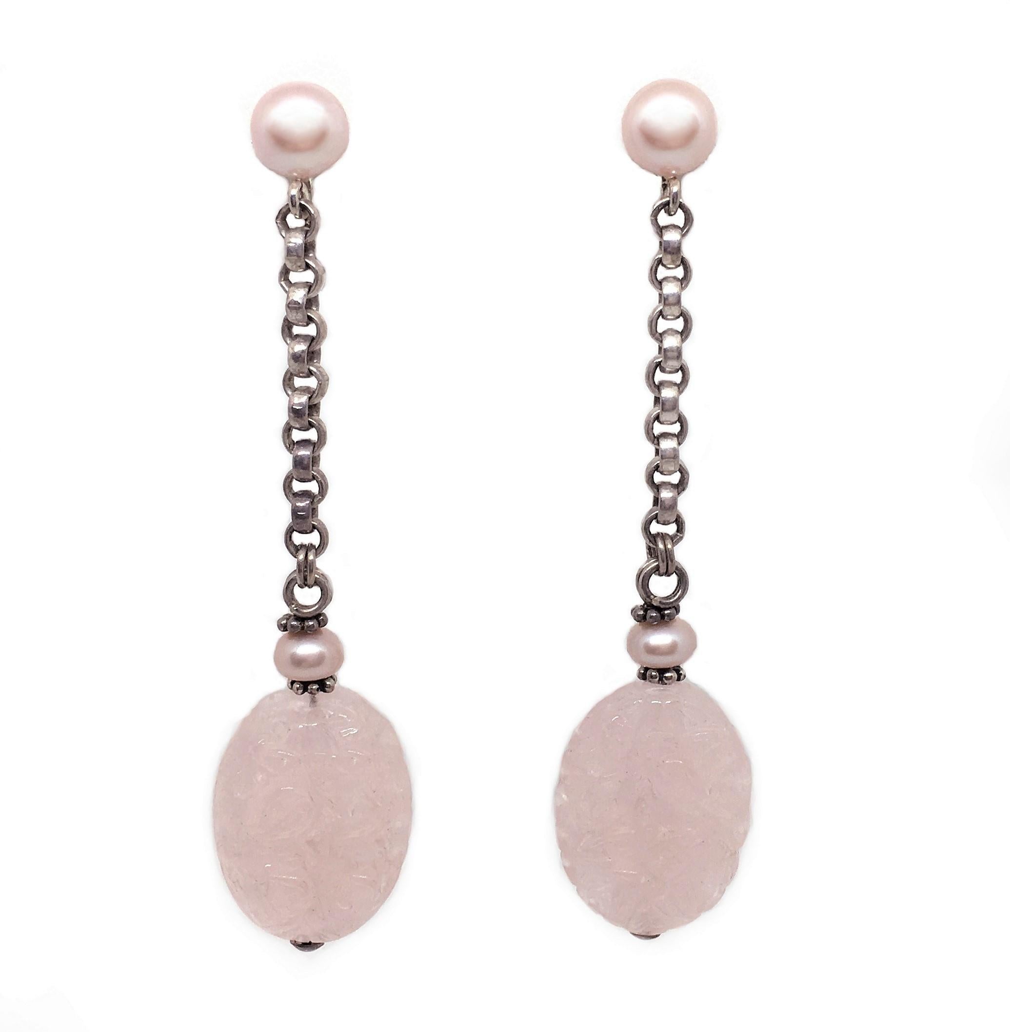 Sterling Silver, Pink Pearl and Rose Quartz Drop Earrings im Angebot