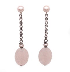 Vintage Sterling Silver, Pink Pearl and Rose Quartz Drop Earrings