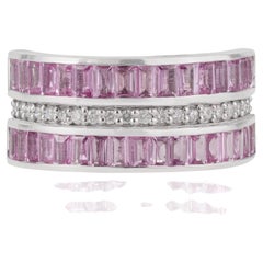 Sterling Silver Pink Sapphire and Diamond Ring in Three Row Design by Silvorra