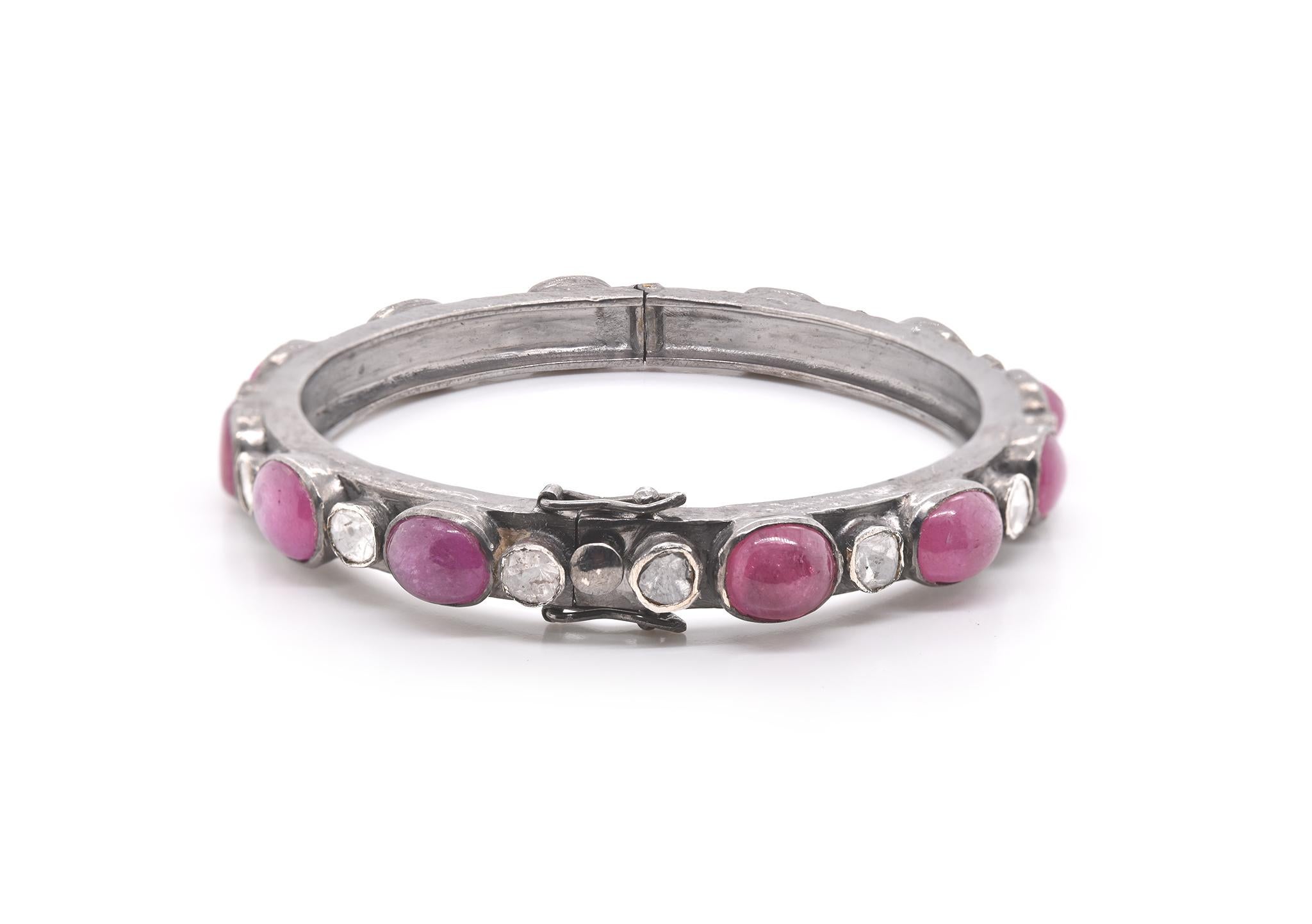 Sterling Silver Pink Tourmaline Diamond Bangle In Good Condition In Scottsdale, AZ