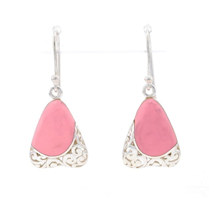 Metal Content: 925 Sterling Silver

Material Information

Enamel
Color: Pink

Style: Dangle 
Fastening Type: Fishhook Closures
Theme: Triangle Scroll 
Features:  Open cut scroll detailing

Measurements

Tall: 1 17/32