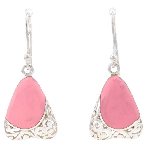 Sterling Silver Pink Triangle Scroll Dangle Earrings - 925 Geometric Pierced For Sale