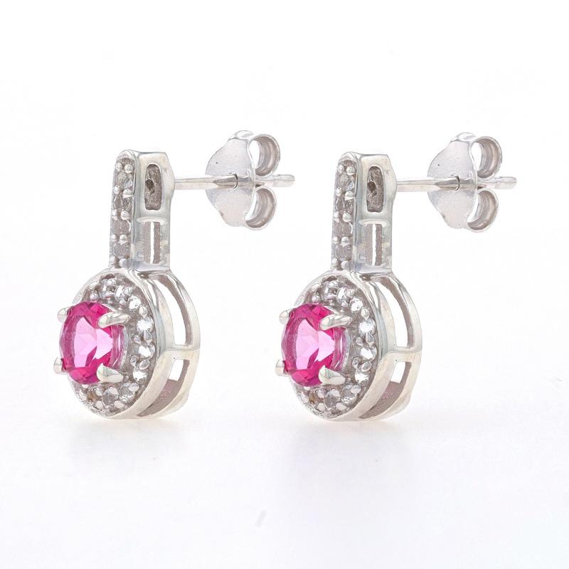 Round Cut Sterling Silver Pink & White Topaz Halo Drop Earrings -925 Round 1.84ctw Pierced For Sale