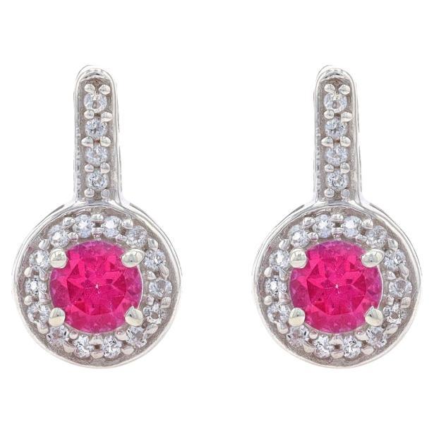 Sterling Silver Pink & White Topaz Halo Drop Earrings -925 Round 1.84ctw Pierced For Sale