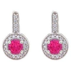 Sterling Silver Pink & White Topaz Halo Drop Earrings -925 Round 1.84ctw Pierced