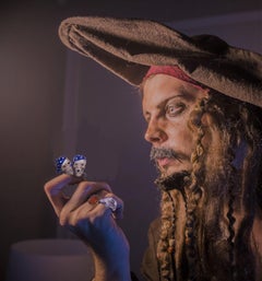 Sterling Silver Pirate Skull Cufflinks with Blue Bandana and Sapphire Eyes