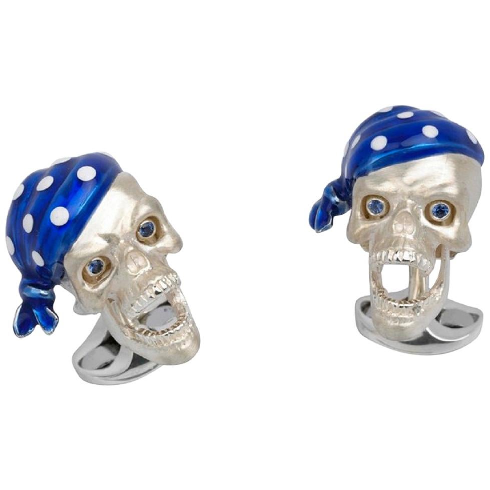 Sterling Silver Pirate Skull Cufflinks with Blue Bandana and Sapphire Eyes For Sale