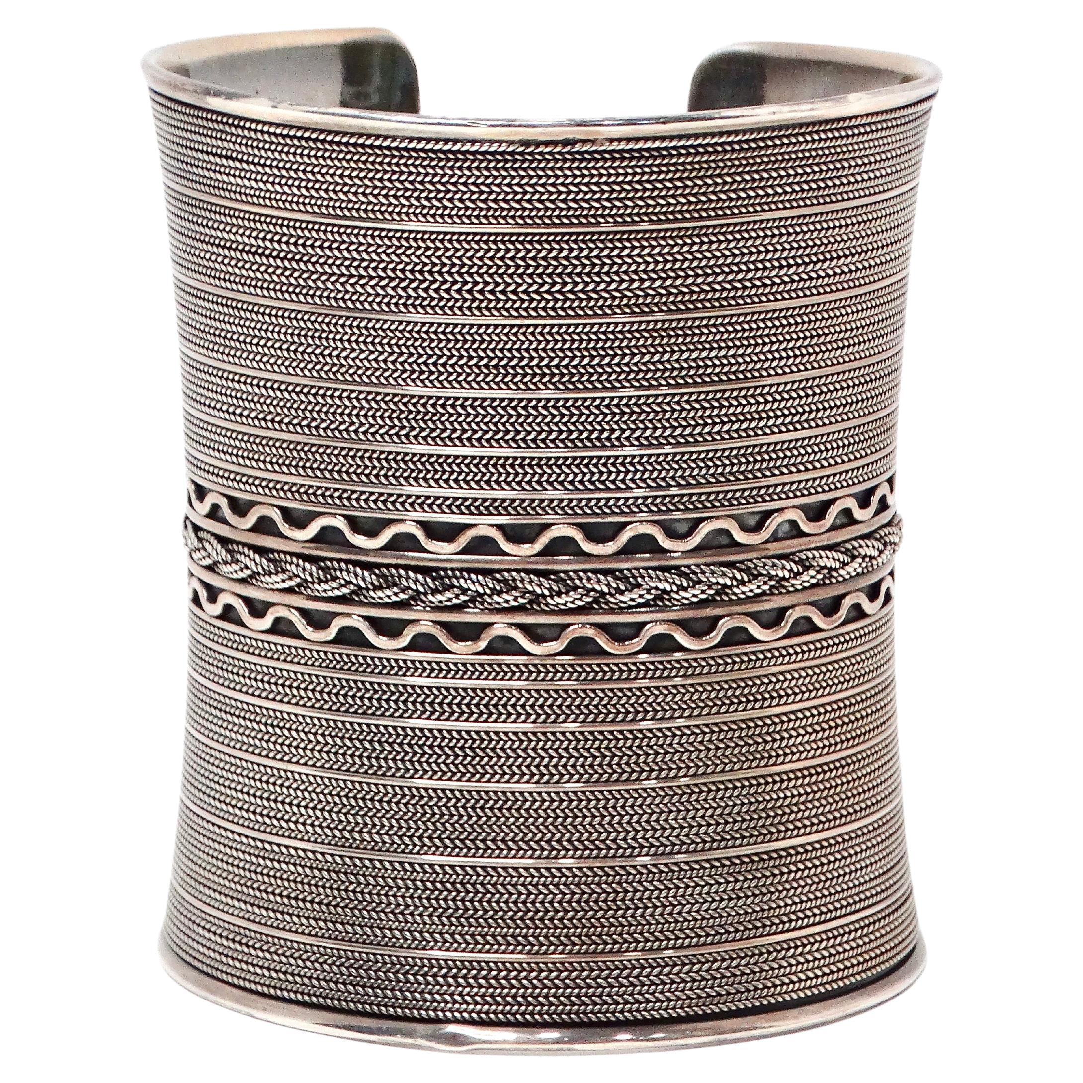 Sterling Silver Plated Chain Rope Engraved Cuff Bracelet