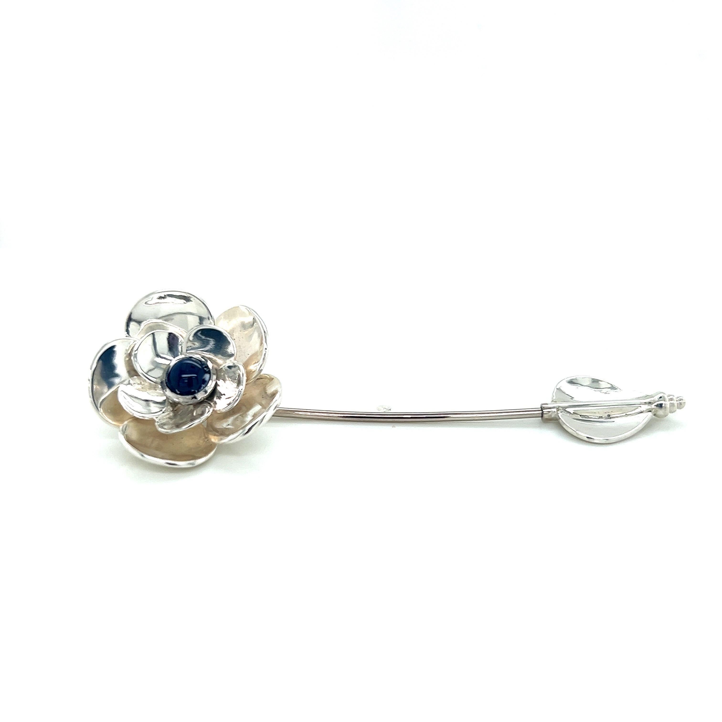 Women's or Men's Sterling Silver, Platinum, and 14k White Gold Flower Pin with Cabochon Sapphire For Sale