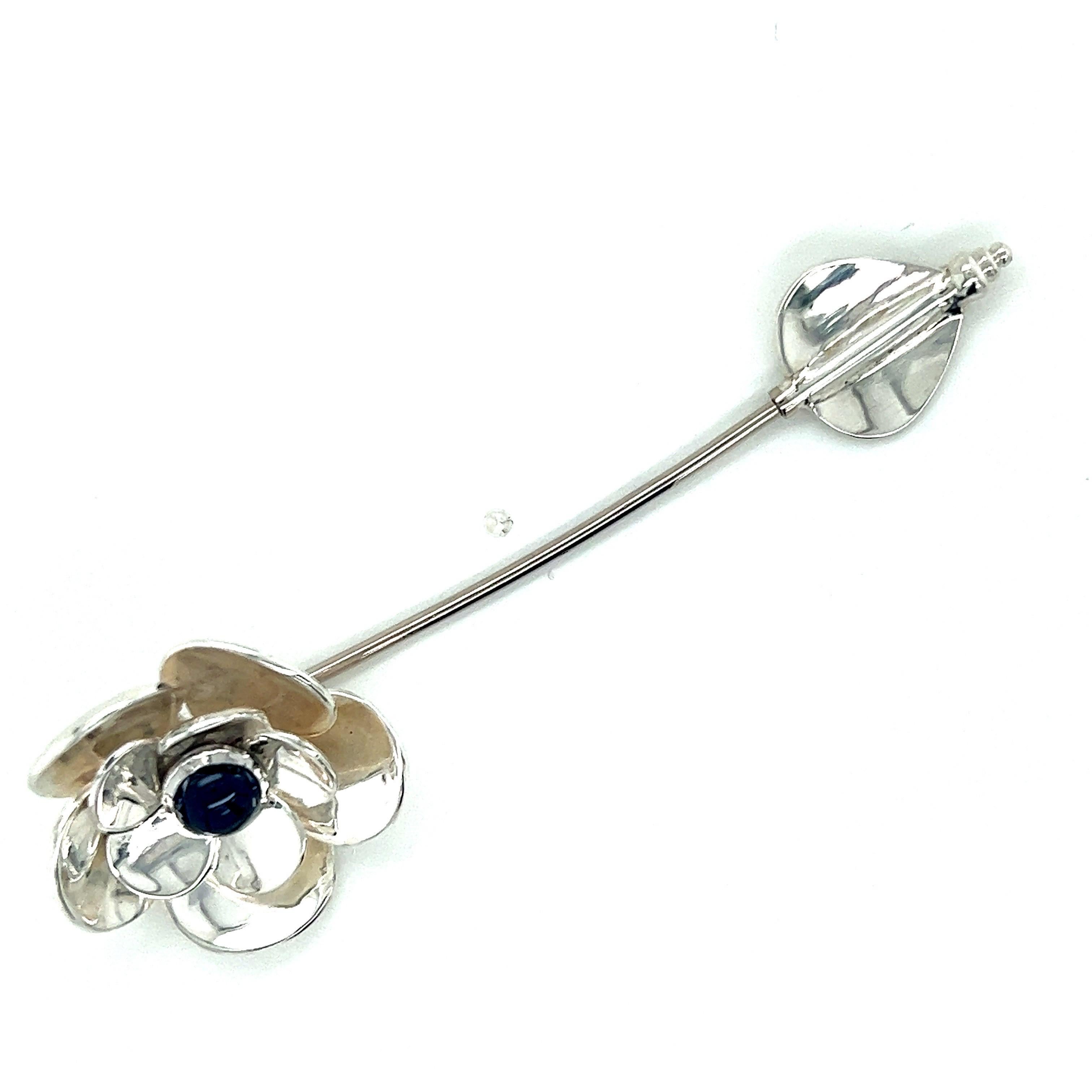 Sterling Silver, Platinum, and 14k White Gold Flower Pin with Cabochon Sapphire For Sale 1