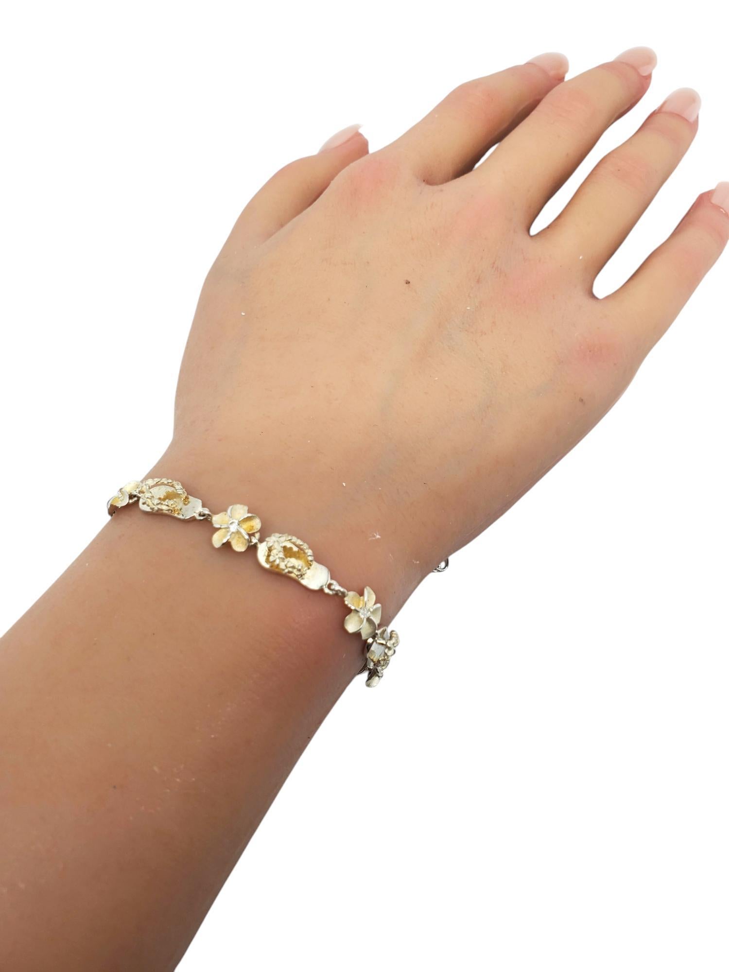 Sterling Silver Plumeria Flowers & Flip Flops CZ Link Bracelet #20658 For Sale 6