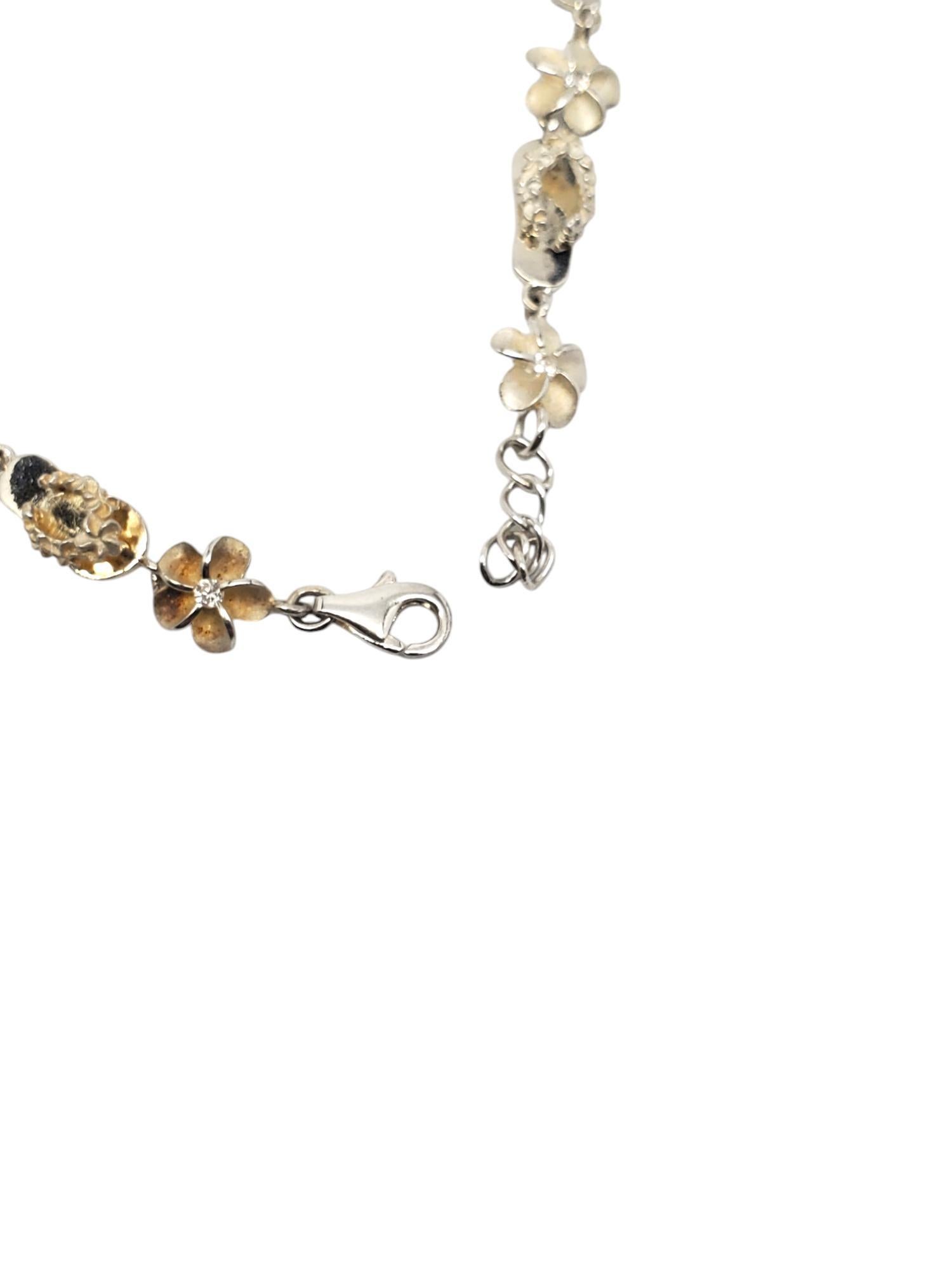 Sterling Silver Plumeria Flowers & Flip Flops CZ Link Bracelet #20658 For Sale 1