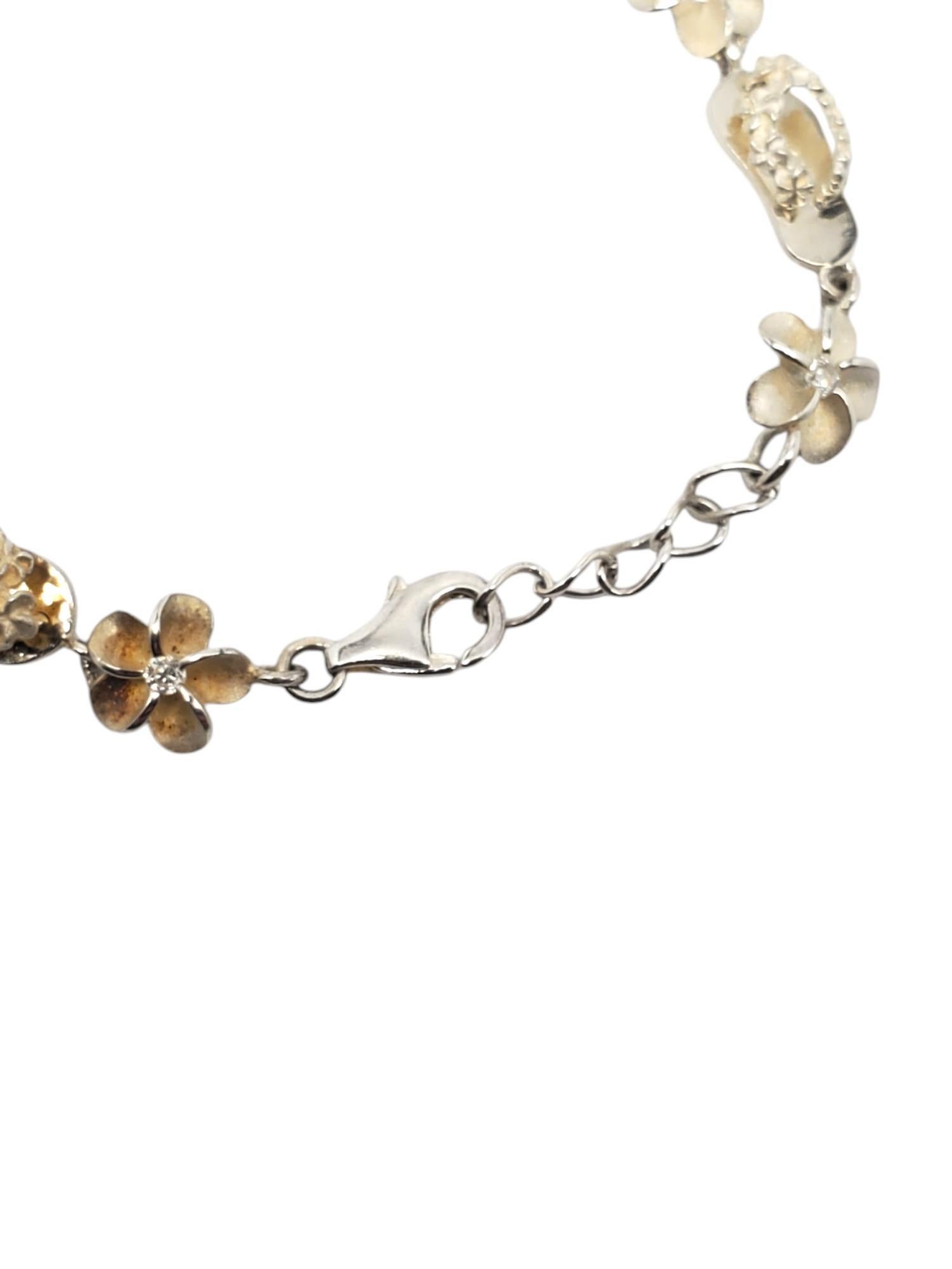 Sterling Silver Plumeria Flowers & Flip Flops CZ Link Bracelet #20658 For Sale 2