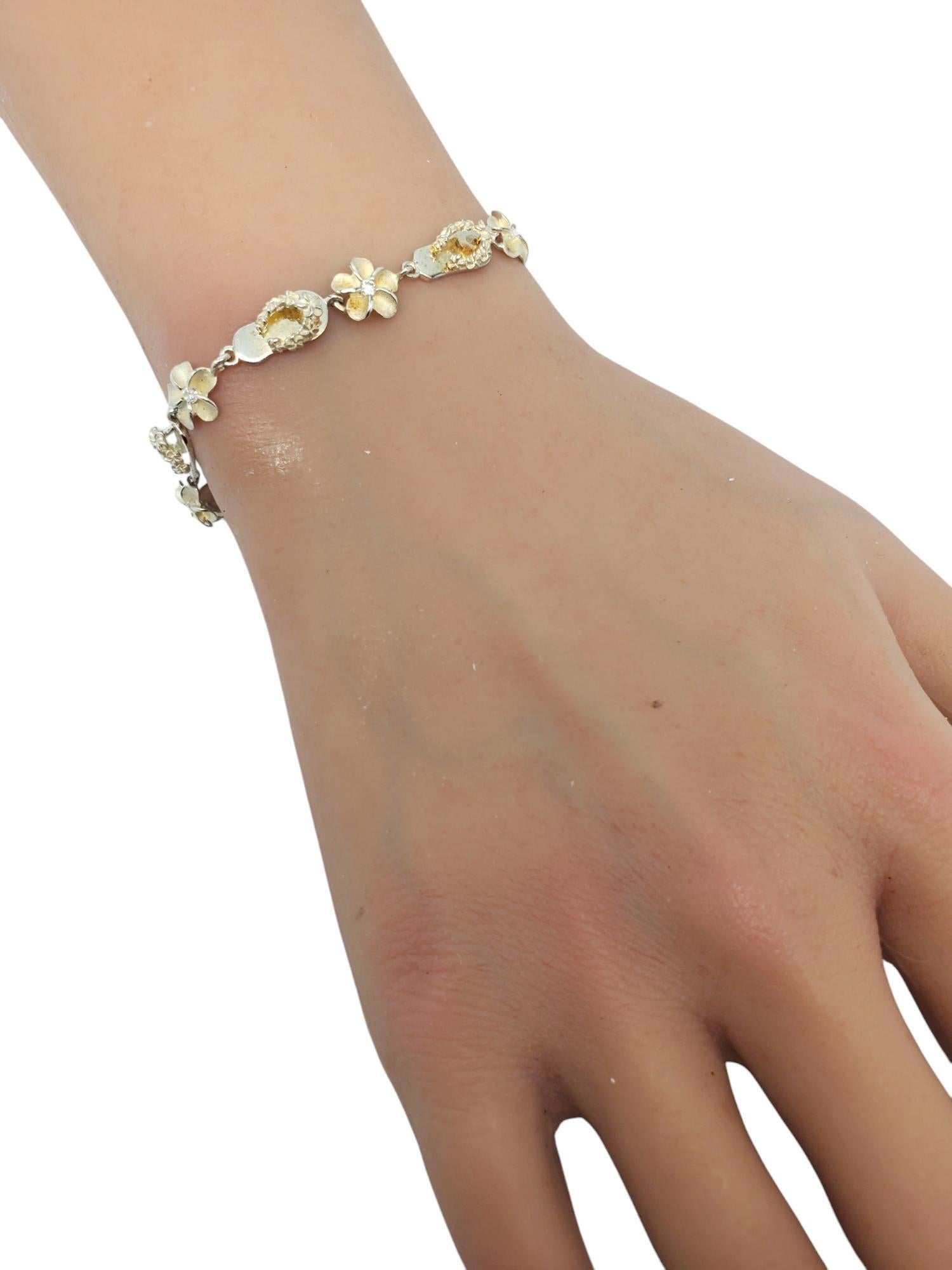 Sterling Silver Plumeria Flowers & Flip Flops CZ Link Bracelet #20658 For Sale 5