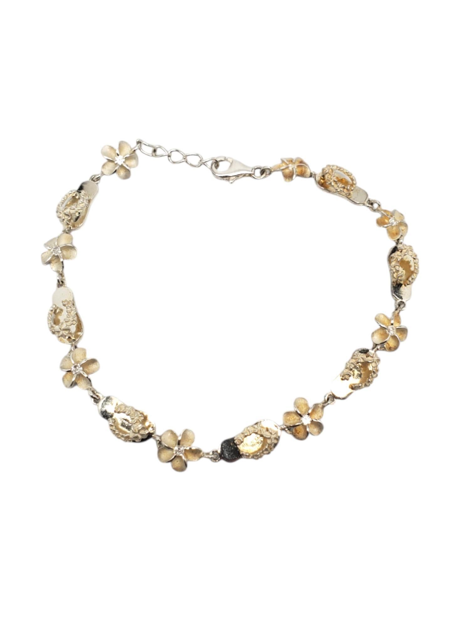 Sterling Silver Plumeria Flowers & Flip Flops CZ Link Bracelet #20658