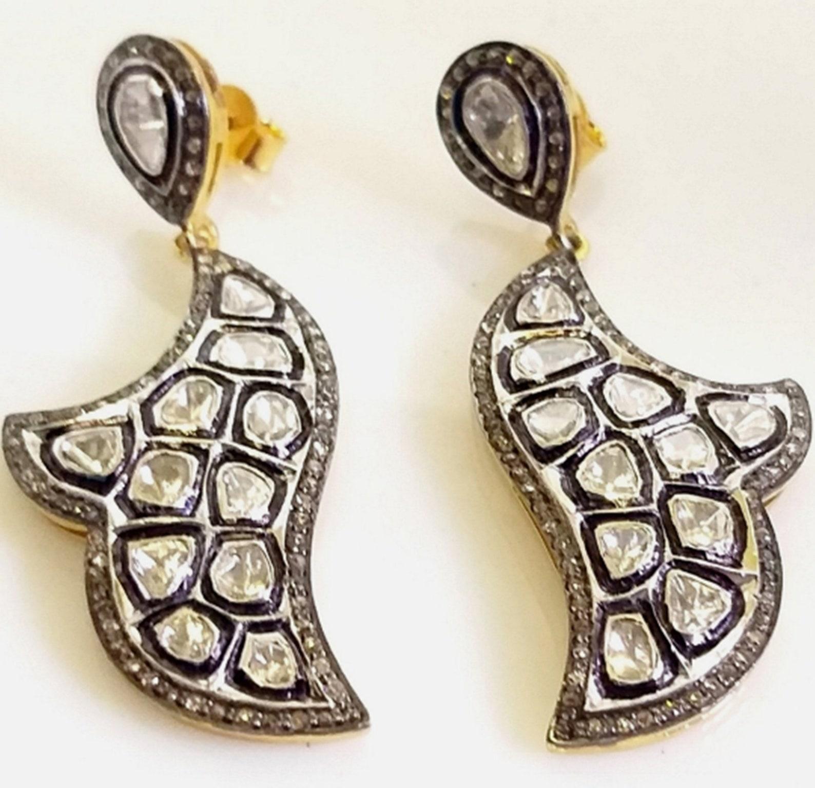 Round Cut Sterling Silver Polki Diamond Earrings Antique Dangle Earrings 1 Pair Earring. For Sale