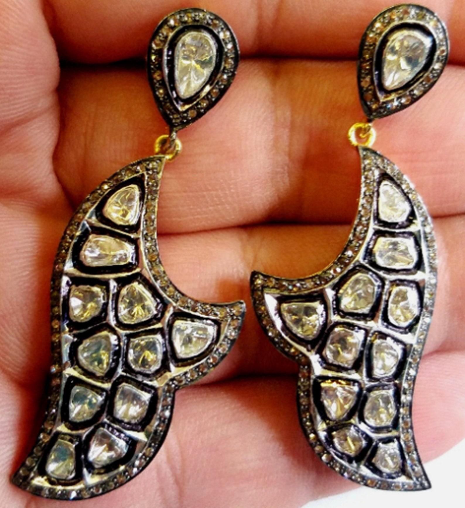 Sterling Silver Polki Diamond Earrings Antique Dangle Earrings 1 Pair Earring. For Sale 1