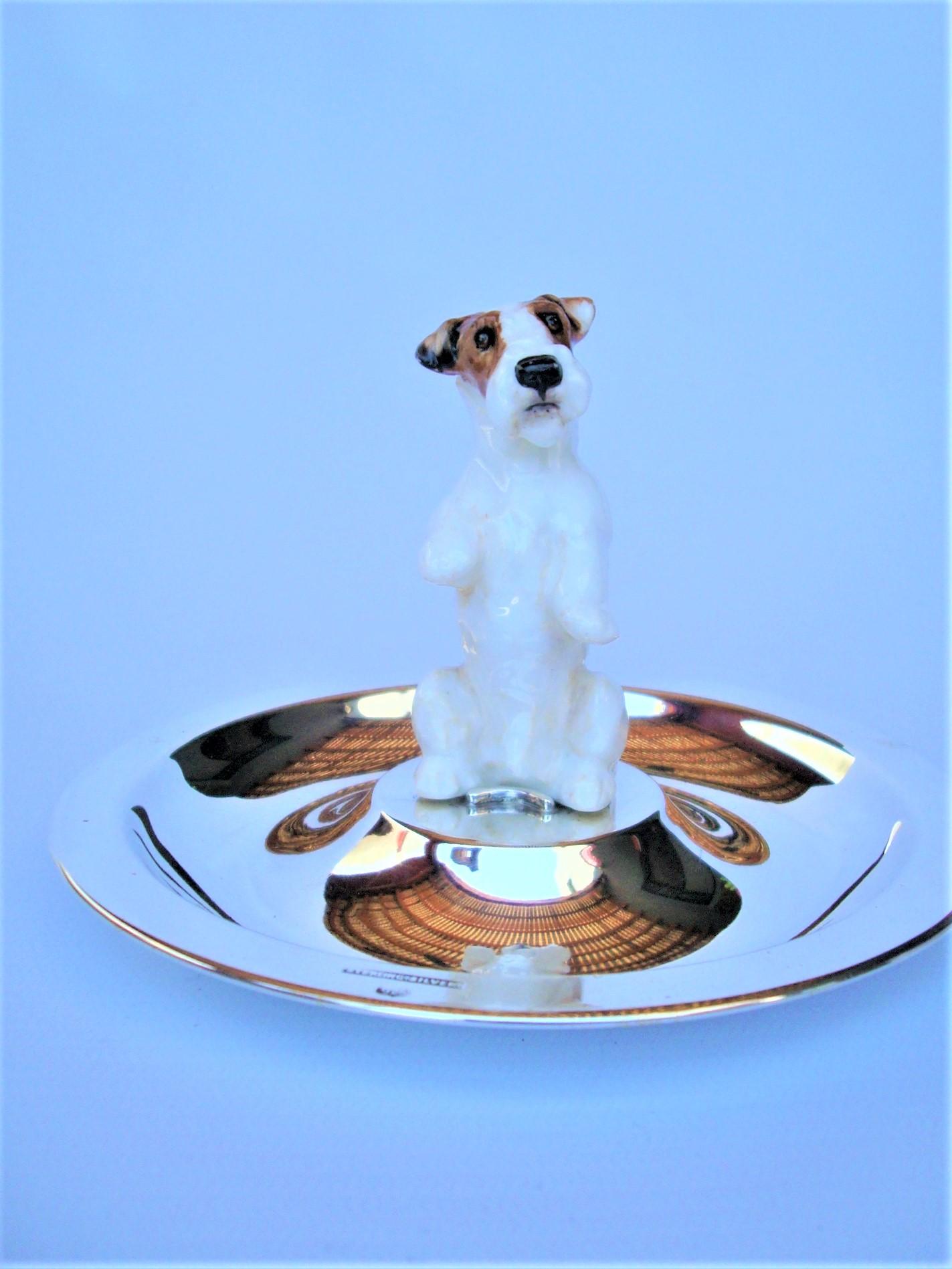 Mid-Century Modern Sterling Silver & Porcelain Jack Russel Dog Jewelry Dish 1940´s