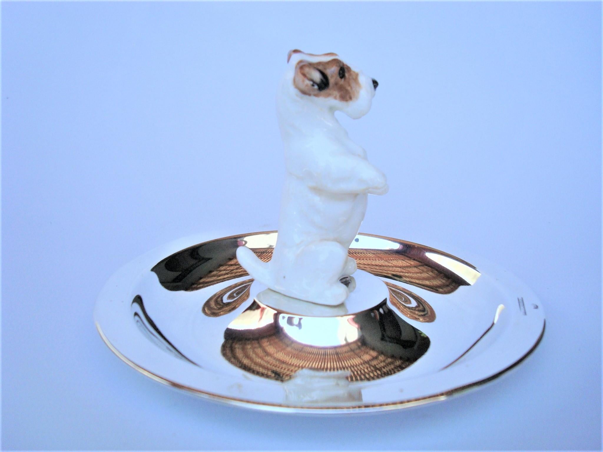 American Sterling Silver & Porcelain Jack Russel Dog Jewelry Dish 1940´s