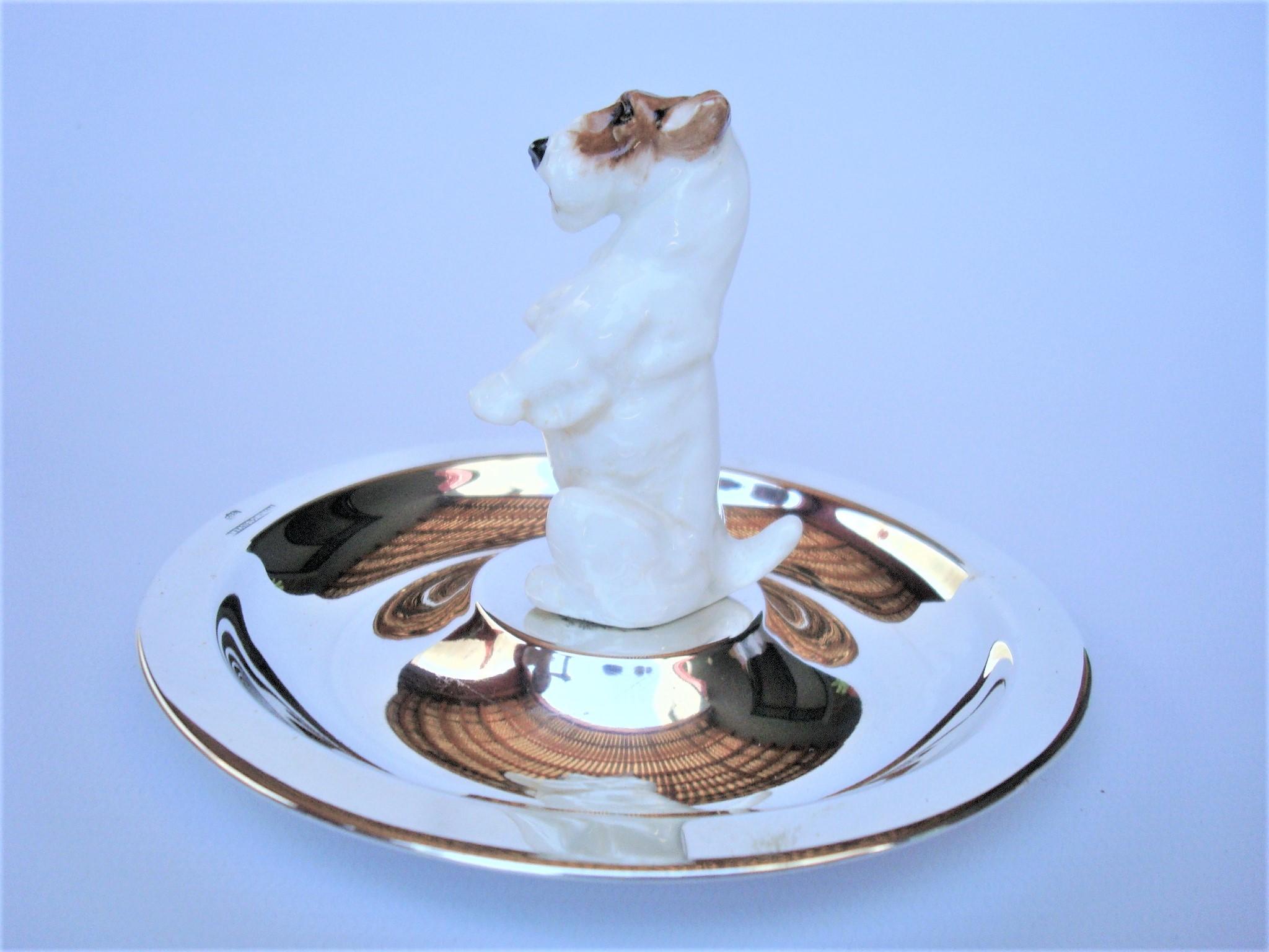 20th Century Sterling Silver & Porcelain Jack Russel Dog Jewelry Dish 1940´s