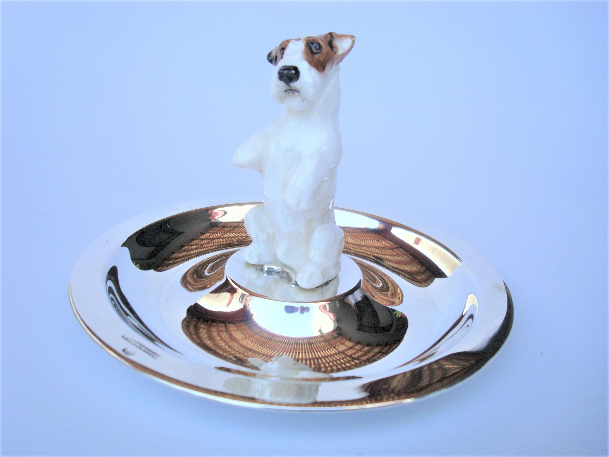 Sterling Silver & Porcelain Jack Russel Dog Jewelry Dish 1940´s 1