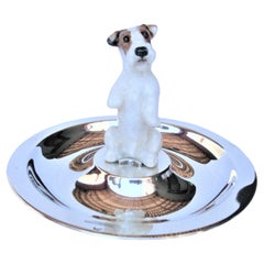 Used Sterling Silver & Porcelain Jack Russel Dog Jewelry Dish 1940´s