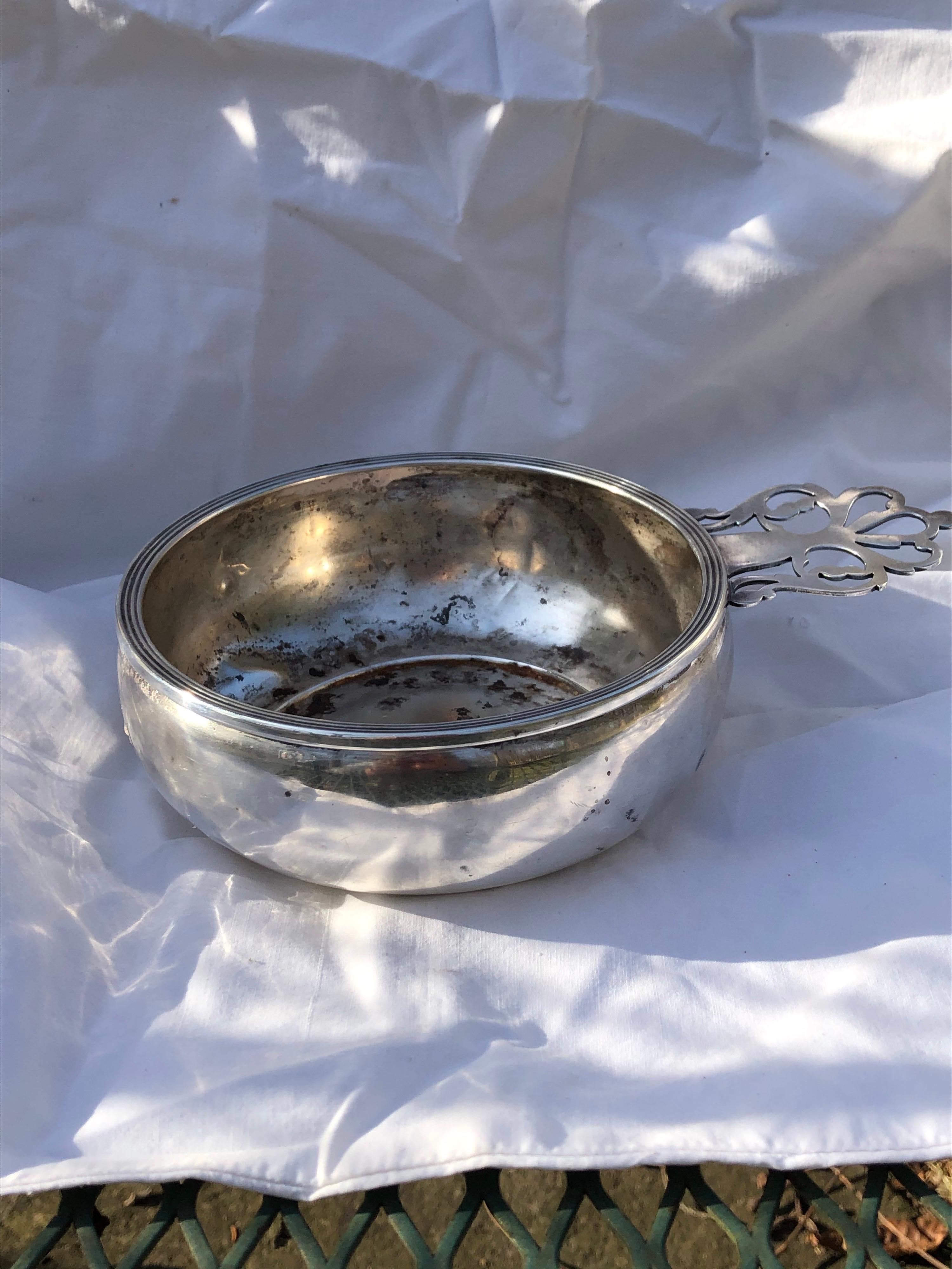 Sterling Silver Porridger with Pierced Handle For Sale 1