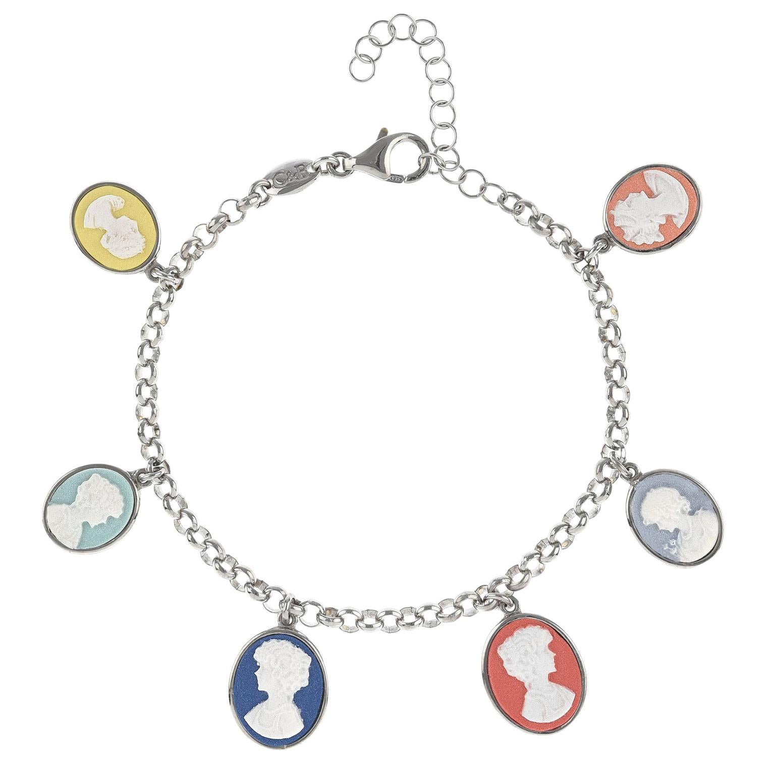 Sterling Silver Portrait of Neoclassical Ladies Charm Bracelet For Sale