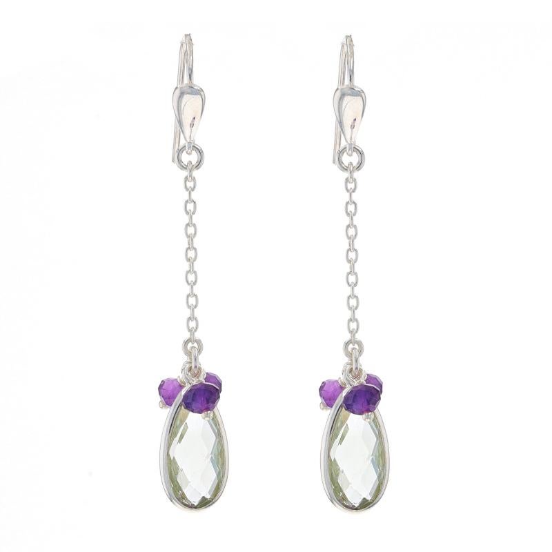 Metal Content: Sterling Silver

Stone Information
Natural Prasiolites
Cut: Double Cabochon Pear Checkerboard
Color: Light Green

Natural Amethysts
Cut: Rough Faceted Bead
Color: Purple

Style: Dangle
Fastening Type: Fishhook