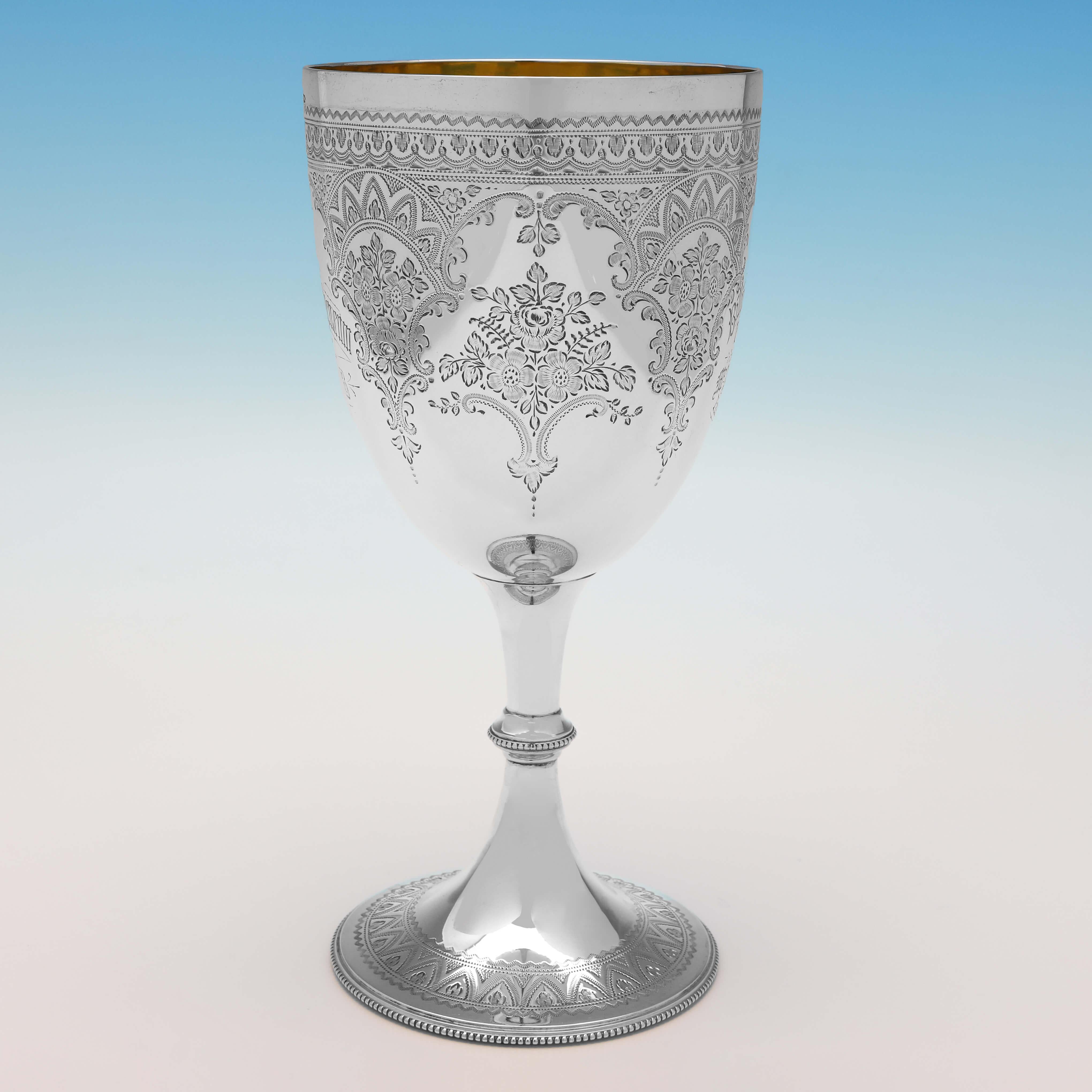 Hallmarked in Sheffield in 1890 by Walker & Hall, this attractive, Victorian, Antique Sterling Silver Goblet, features wonderful bright cut engraved decoration throughout, a gilt interior, and a presentation inscription as a Billiard Tournament