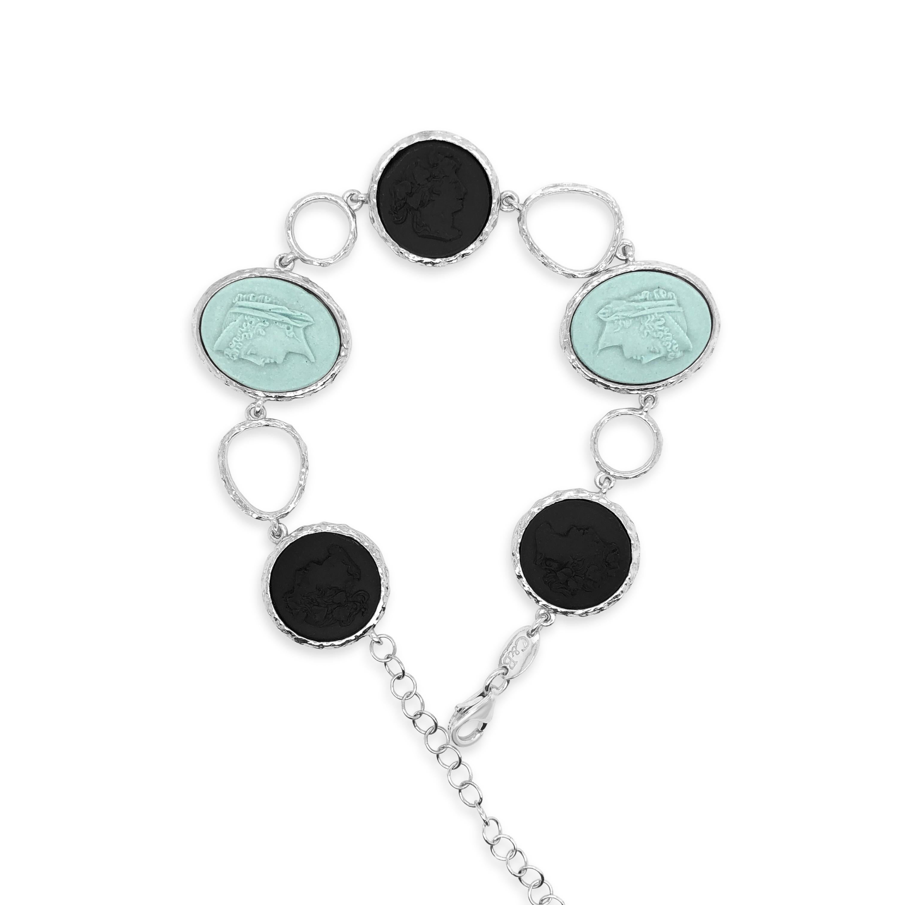 Finely detailed porcelain cameos depicting the profile of classical ancient Rome women. Feminine and elegant this bracelet can be comfortably worn for any occasion. Beautifully hand crafted, mounted in rhodium plated sterling silver, this design is