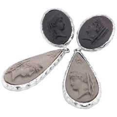 Antique Sterling Silver Profile of Women in Ancient Rome Cameo Earrings