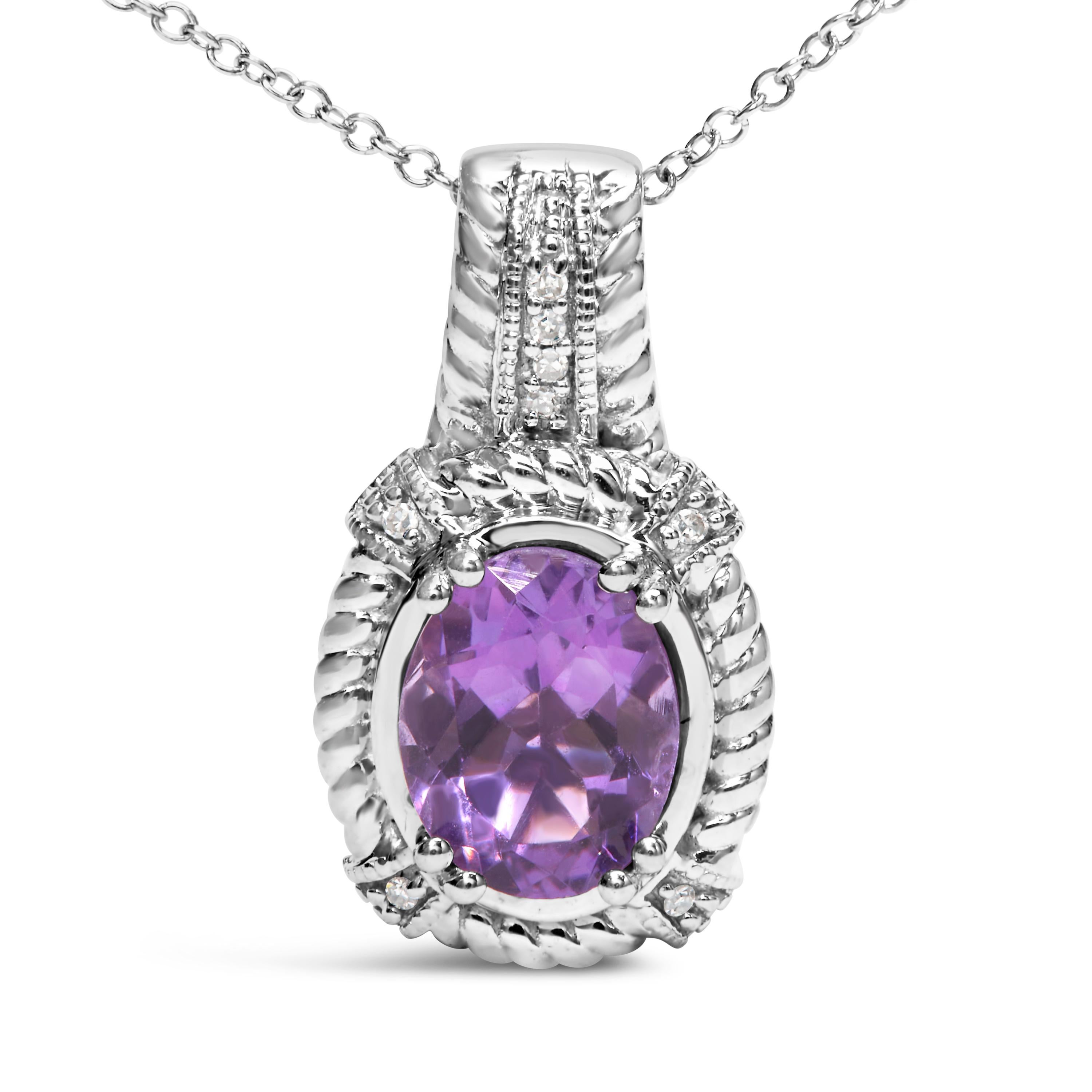 Introducing a truly captivating piece that will make heads turn. This exquisite .925 Sterling Silver drop pendant necklace showcases a stunning 9x7mm oval purple amethyst gemstone, exuding an enchanting allure. Adorned with 8 round diamonds, this
