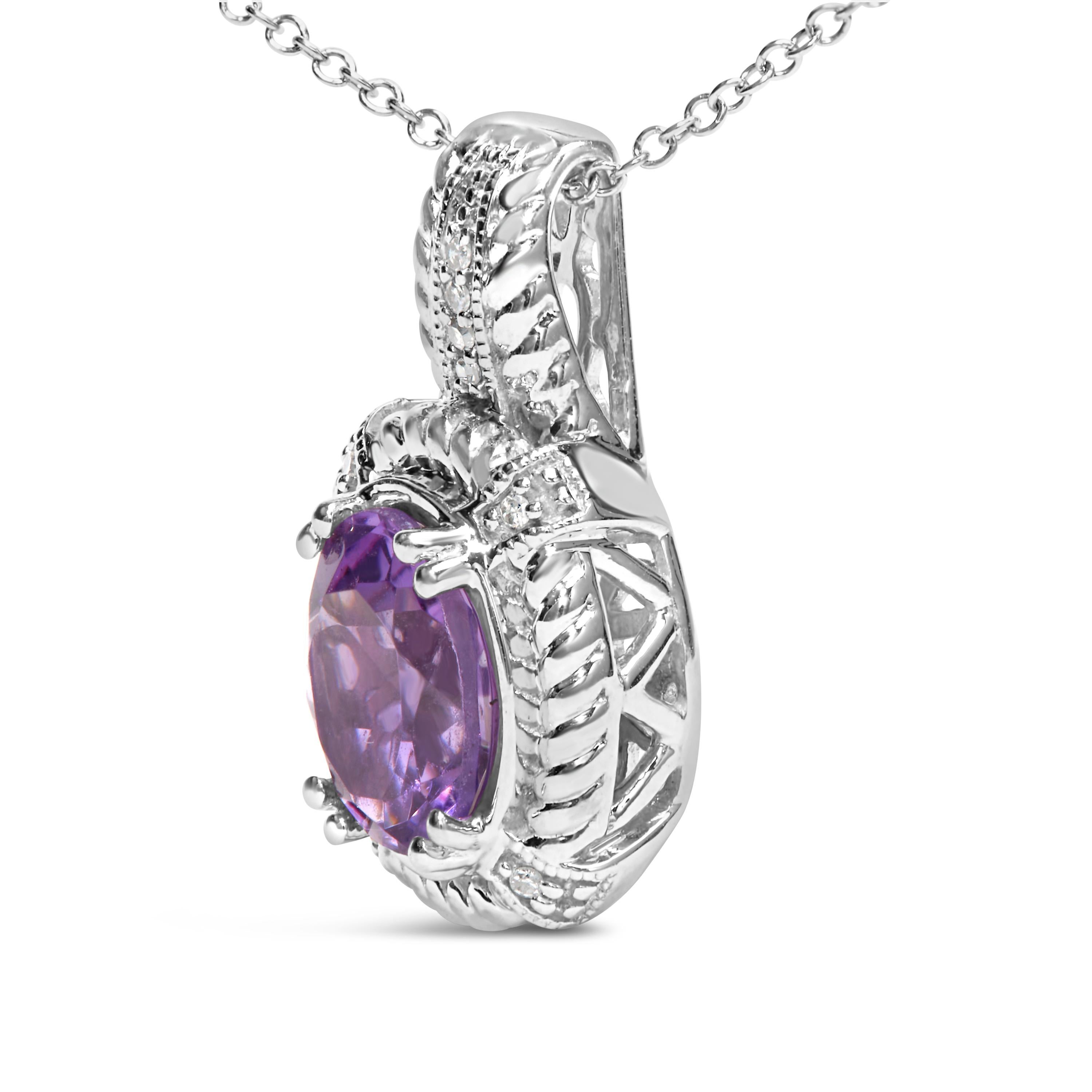Modern Sterling Silver Purple Amethyst and Diamond Accent Fashion Drop Pendant Necklace For Sale