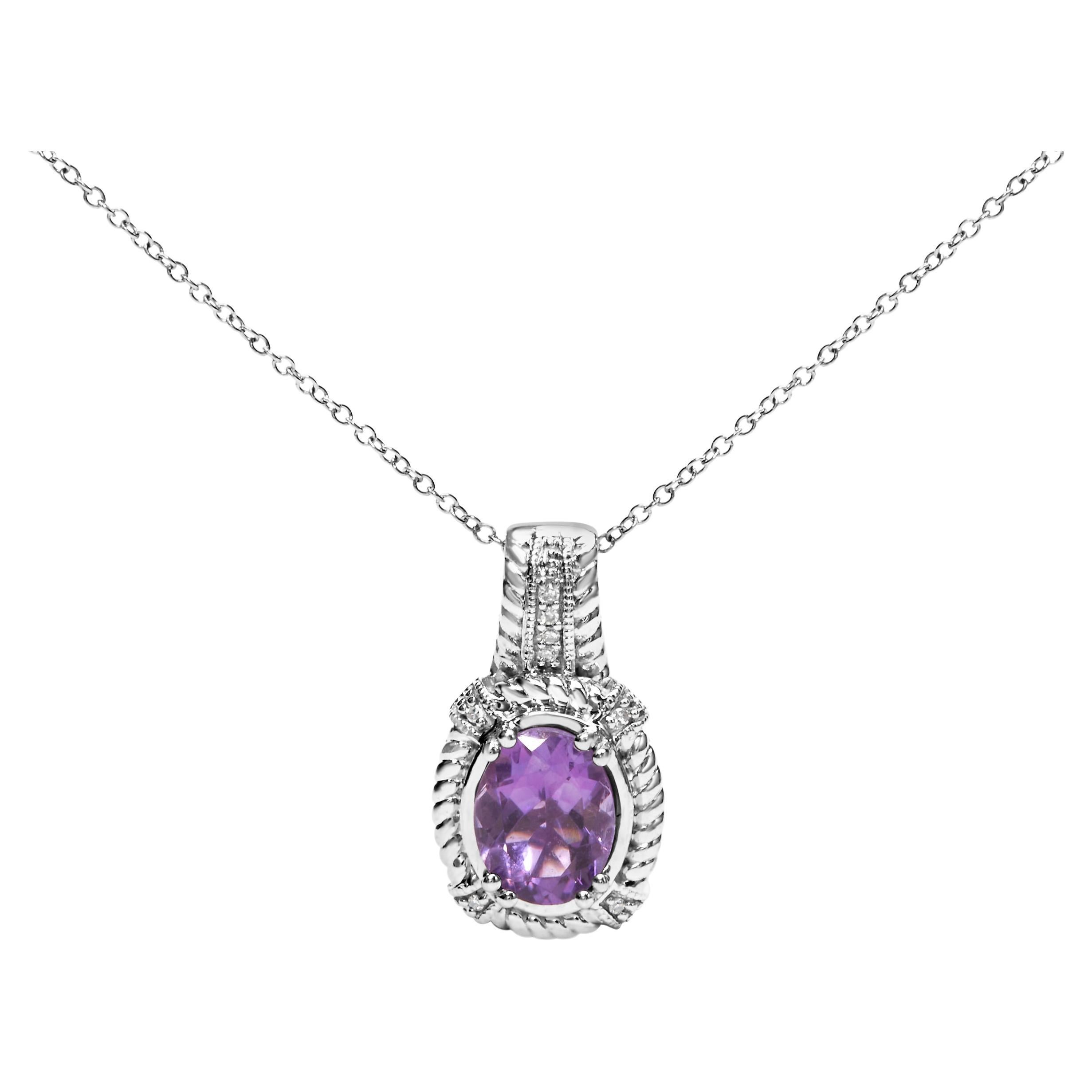 Sterling Silver Purple Amethyst and Diamond Accent Fashion Drop Pendant Necklace For Sale