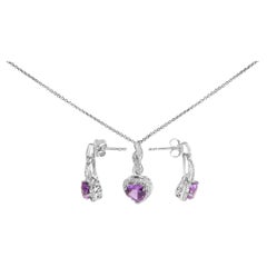 Sterling Silver Purple Amethyst and White Sapphire Halo Earring Necklace Set