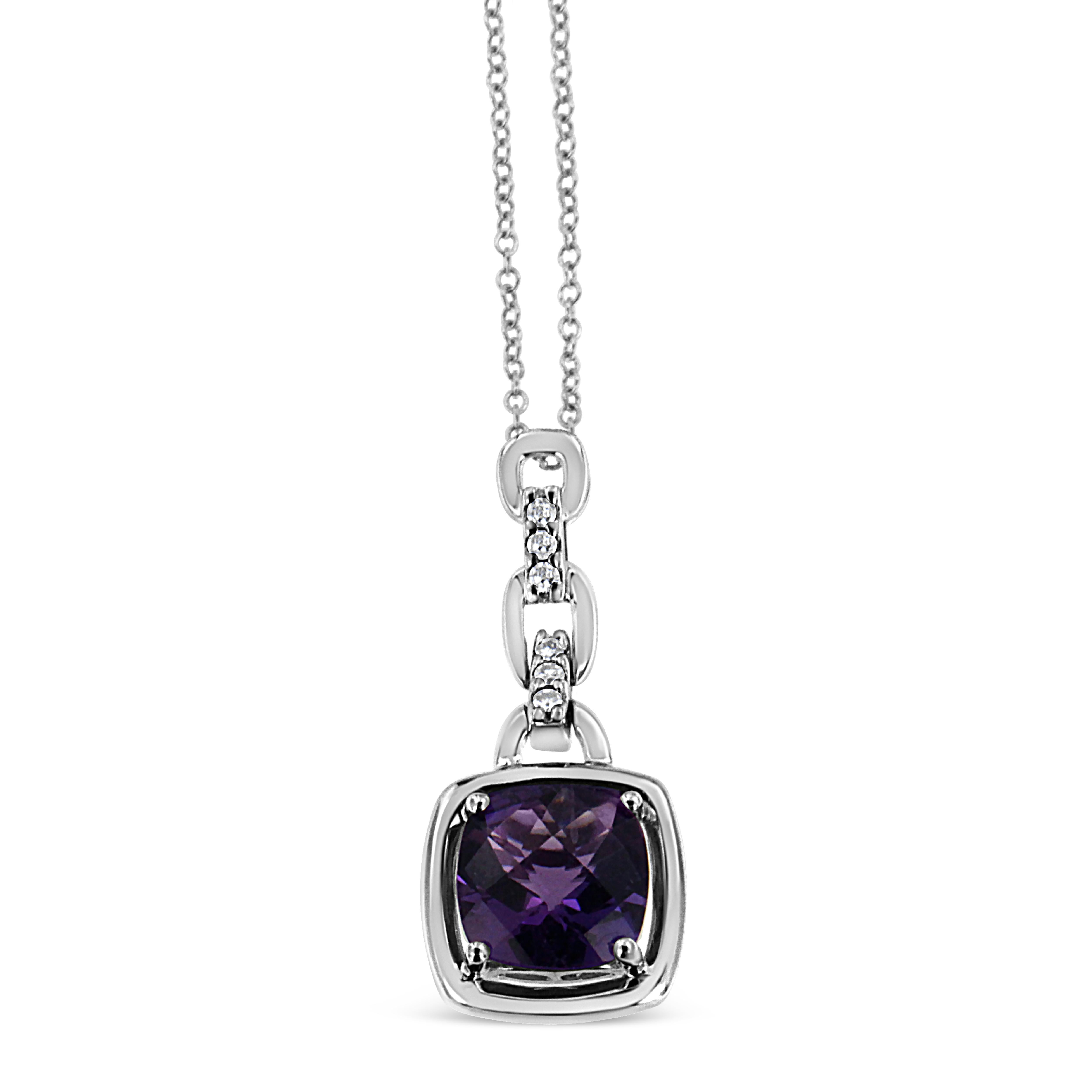 This glamorous pendant made from .925 sterling silver will be unlike any other piece you own. Embellished in an elegant prong setting, a single 6x6MM cushion shaped natural purple amethyst dangles from an interlocking silver chain. Round-cut white