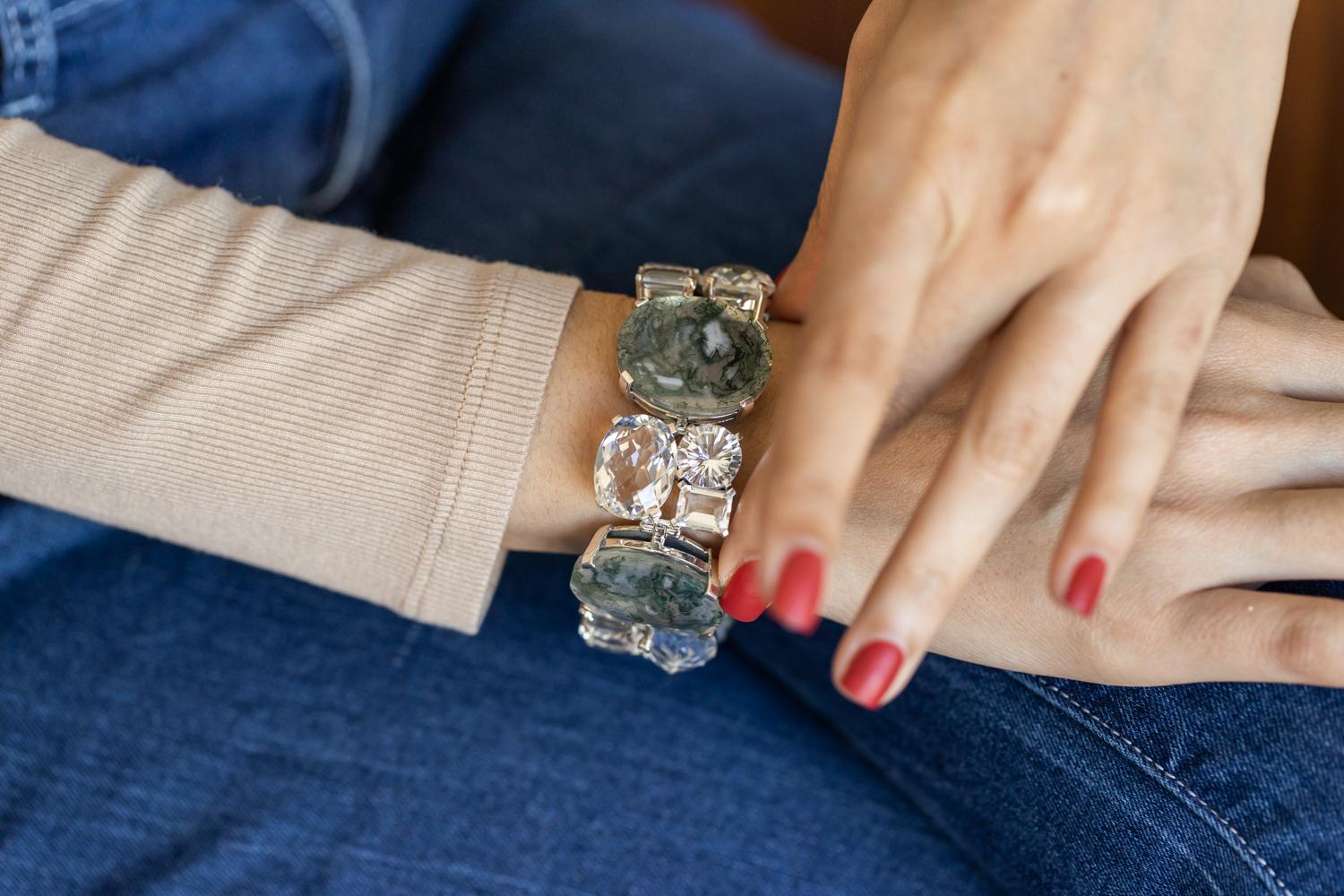 Modern Sterling Silver Quartz and Moss Agate Bracelet by Stephen Dweck For Sale