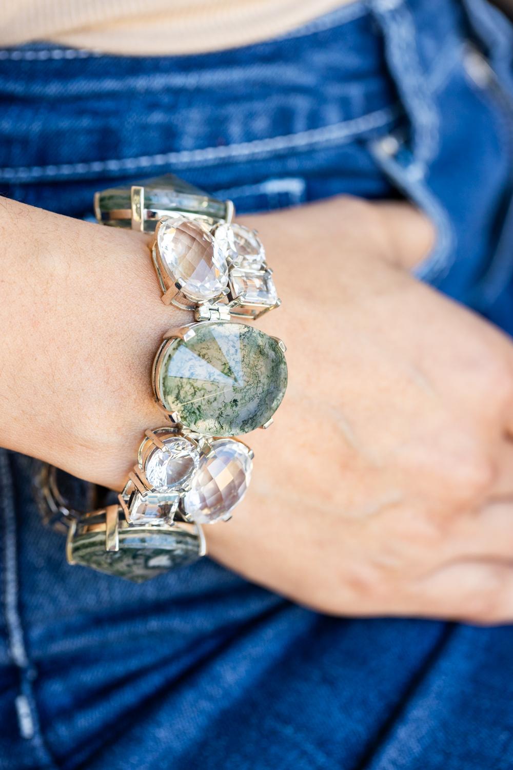 Mixed Cut Sterling Silver Quartz and Moss Agate Bracelet by Stephen Dweck For Sale